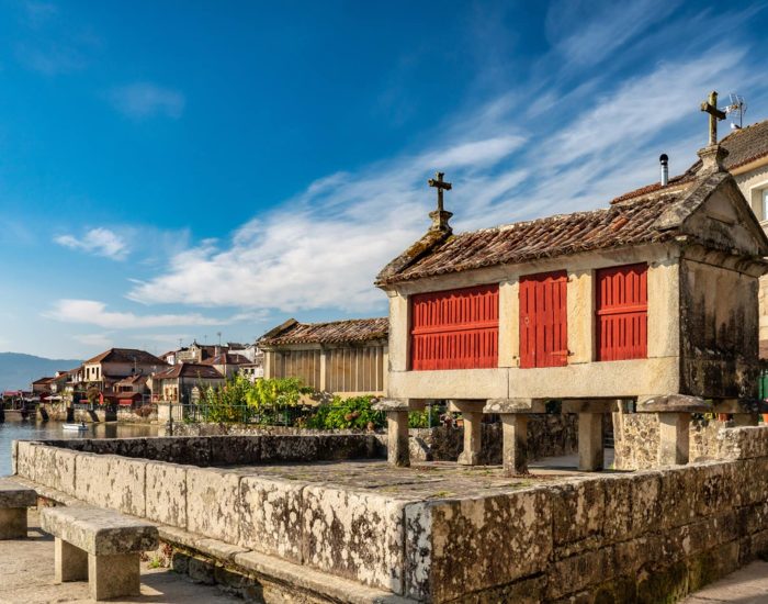 typical Galicia granaries in Combarro on the Pontevedra estuary, Spain."r"n